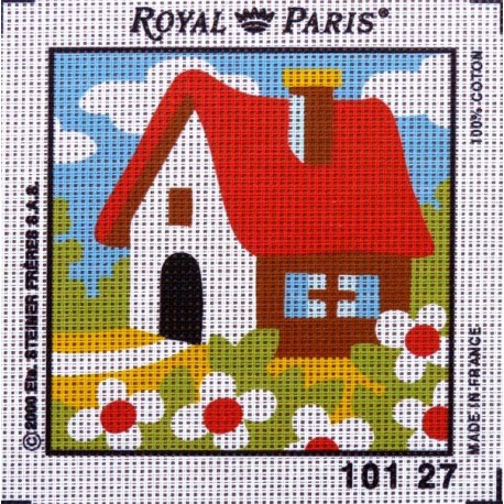 Canevas à broder ENFANT 15 x 15 cm marque ROYAL PARIS thème MAISON CHAUMIERE fabrication française