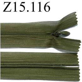 fermeture éclair invisible verte longueur 15 cm couleur vert kaki  non séparable zip nylon largeur 2.5 cm