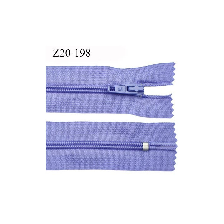 Fermeture zip longueur 20 cm couleur lilas non séparable largeur 2.4 cm glissière nylon largeur  4 mm