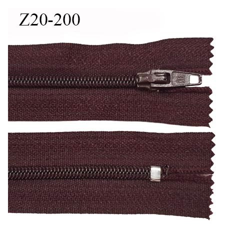 Fermeture zip longueur 20 cm couleur lie de vin non séparable largeur 2.4 cm glissière nylon largeur 4 mm