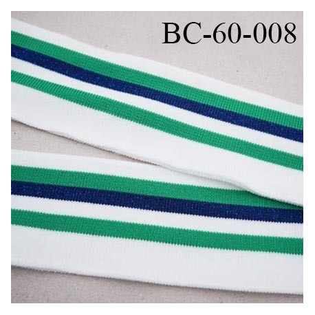 Bord-Côte 60 mm bord cote jersey maille synthétique couleur naturel vert et bleu marine pailleté largeur 60 mm longueur 130 cm