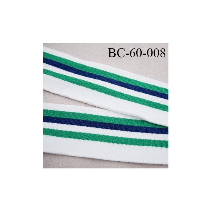 Bord-Côte 60 mm bord cote jersey maille synthétique couleur naturel vert et bleu marine pailleté largeur 60 mm longueur 130 cm