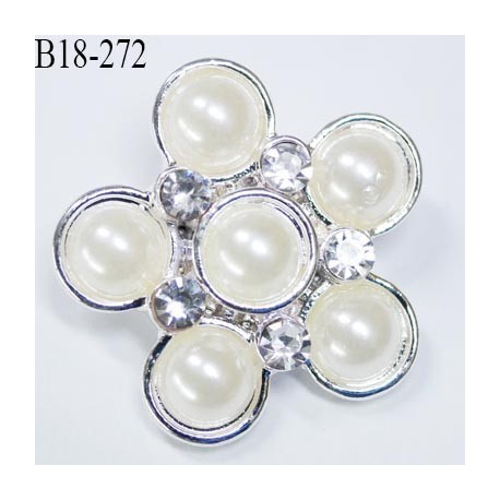 Bouton 18 mm en forme de fleur avec perles incrustées nacré haut de gamme en métal diamètre 18 mm nacré et acier chromé