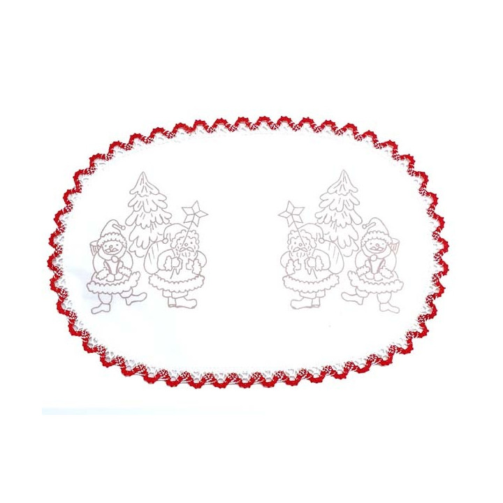 Napperon préimprimé à broder en toile de coton blanc naturel avec finition dentelle rouge thème NOEL point de tige conseillé