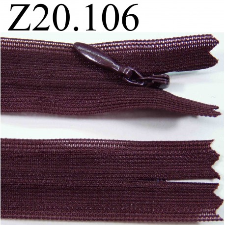 fermeture éclair invisible longueur 20 cm couleur prune foncé non séparable zip nylon largeur 2,5 cm