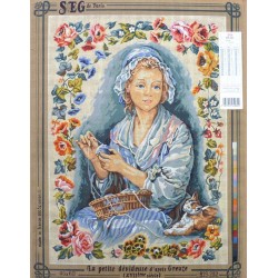 Canevas à broder 45 x 60 cm marque SEG DE PARIS thème la petite dévideuse d'après GREUZE fabrication française
