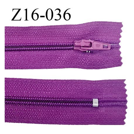 Fermeture zip 16 cm couleur violine non séparable largeur 2.5 cm glissière nylon largeur 4 mm prix à l'unité