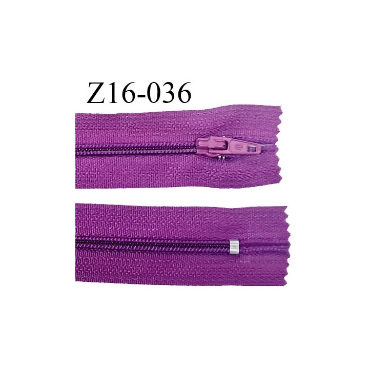 Fermeture zip 16 cm couleur violine non séparable largeur 2.5 cm glissière nylon largeur 4 mm prix à l'unité