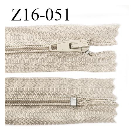 Fermeture zip 16 cm non séparable couleur mastic zip glissière nylon invisible longueur 16 cm largeur 27 mm prix à l'unité