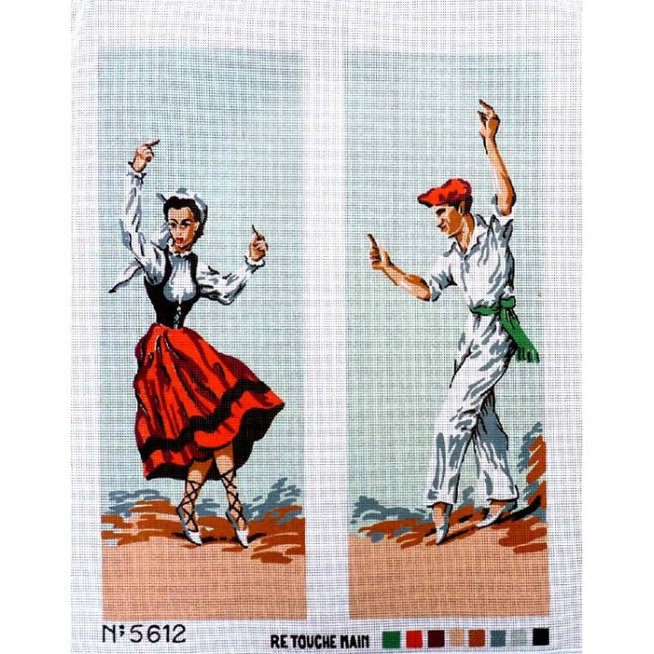 Canevas à broder 50 x 60 cm  thème DANSEURS TRADITIONNELS BASQUES retouché main