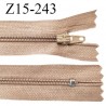 Fermeture zip 15 cm couleur beige sépia non séparable largeur 2.5 cm glissière nylon largeur 4 mm longueur 15 cm prix à l'unité