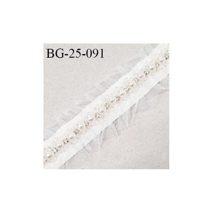 Galon ruban 25 mm gros grain avec perles et tulle couleur naturel largeur 25 mm prix au mètre