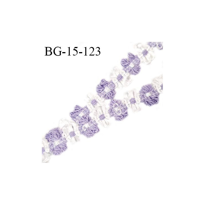 Galon ruban 15 mm à fleurs couleur blanc et lilas diamètre des fleurs 15 mm prix au mètre