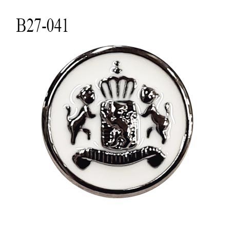 Bouton 27 mm pvc couleur chrome et naturel motif style blason accroche avec un anneau épaisseur 2.5 mm prix à la pièce