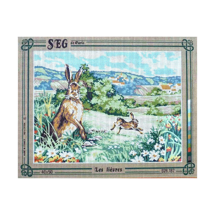 Canevas à broder 40 x 50 cm marque SEG de Paris Thème animaux LES LIEVRES fabrication française