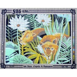 Canevas à broder 40 x 50 cm marque SEG de Paris Thème ANIMAUX les lions d'après H.Rousseau fabrication française