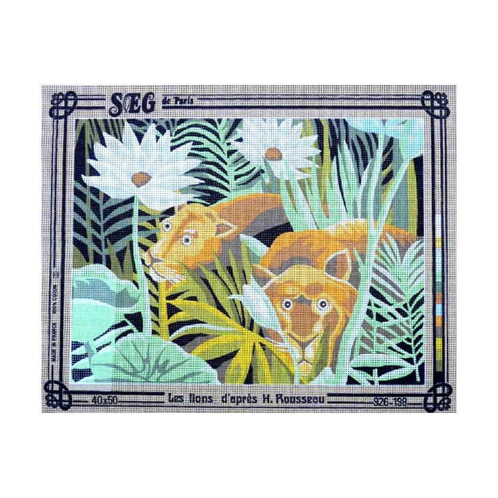 Canevas à broder 40 x 50 cm marque SEG de Paris Thème ANIMAUX les lions d'après H.Rousseau fabrication française