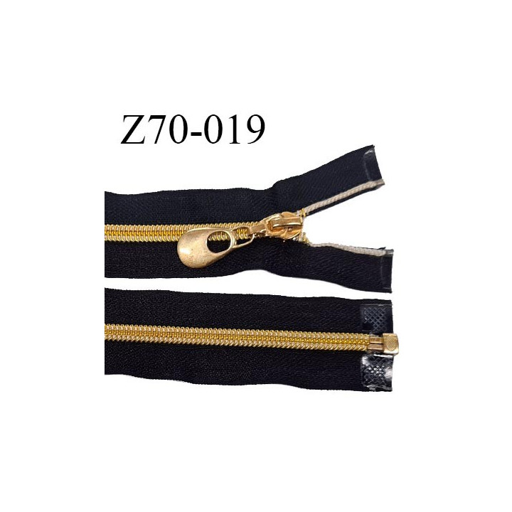 Fermeture zip à glissière spiralée métal doré longueur 70 cm couleur noir séparable largeur de glissière 7 mm prix à la pièce