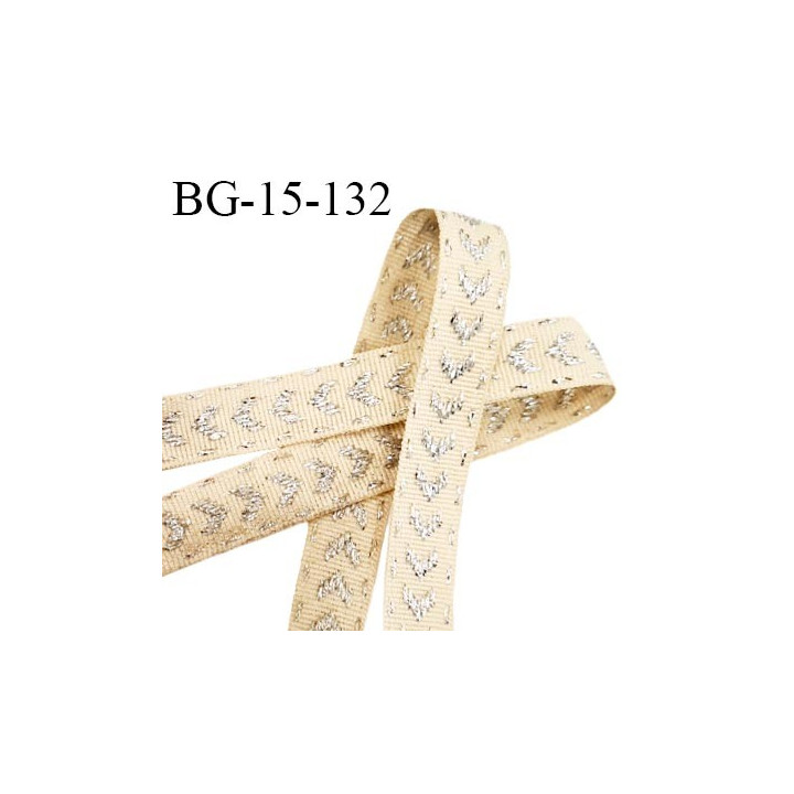 Galon ruban 15 mm gros grain couleur beige avec surpiqûre couleur argenté largeur 15 mm prix au mètre