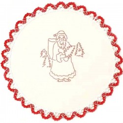 Napperon diamètre 22 cm pré imprimé à broder en toile de coton couleur naturelle avec finition dentelle rouge thème NOEL
