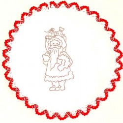 Napperon diamètre 22 cm pré imprimé à broder en toile de coton couleur naturelle avec finition dentelle rouge thème NOEL