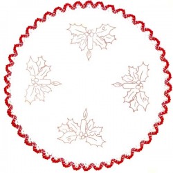 Napperon diamètre 32 cm pré imprimé à broder en toile de coton couleur naturelle avec finition dentelle rouge thème NOEL