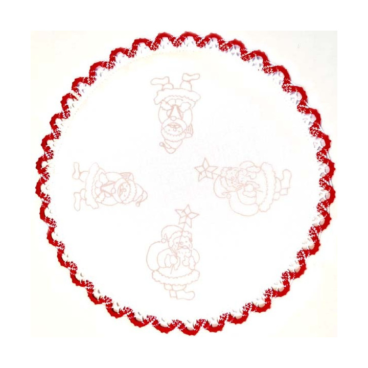 Napperon diamètre 27 cm pré imprimé à broder en toile de coton couleur naturelle avec finition dentelle rouge thème NOEL