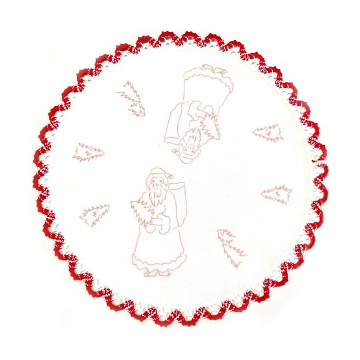Napperon diamètre 27 cm pré imprimé à broder en toile de coton couleur naturelle avec finition dentelle rouge thème NOEL
