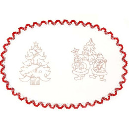 Napperon ovale pré imprimé à broder en toile de coton couleur naturelle avec finition dentelle rouge thème NOEL