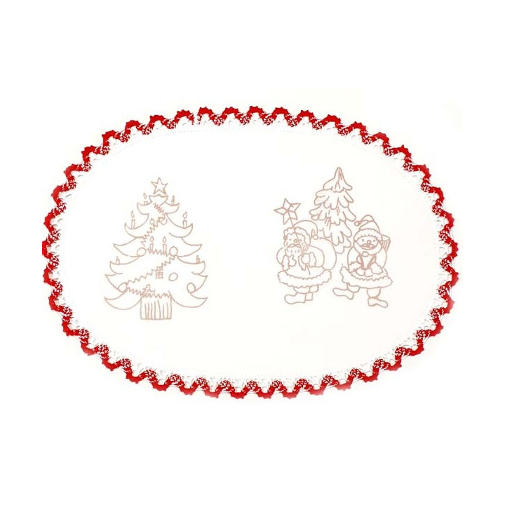 Napperon ovale pré imprimé à broder en toile de coton couleur naturelle avec finition dentelle rouge thème NOEL