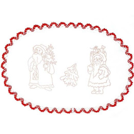 Napperon ovale pré imprimé à broder en toile de coton couleur naturelle avec finition dentelle rouge thème NOEL