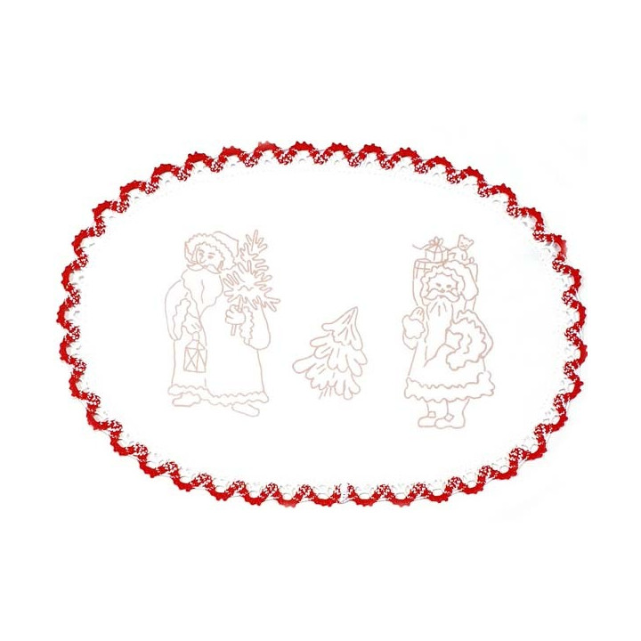 Napperon ovale pré imprimé à broder en toile de coton couleur naturelle avec finition dentelle rouge thème NOEL