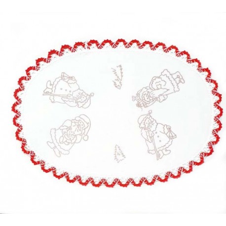 Napperon ovale pré imprimé à broder en toile de coton couleur naturelle avec finition dentelle rouge thème NOEL