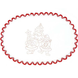Napperon ovale pré imprimé à broder en toile de coton couleur naturelle avec finition dentelle rouge thème NOEL
