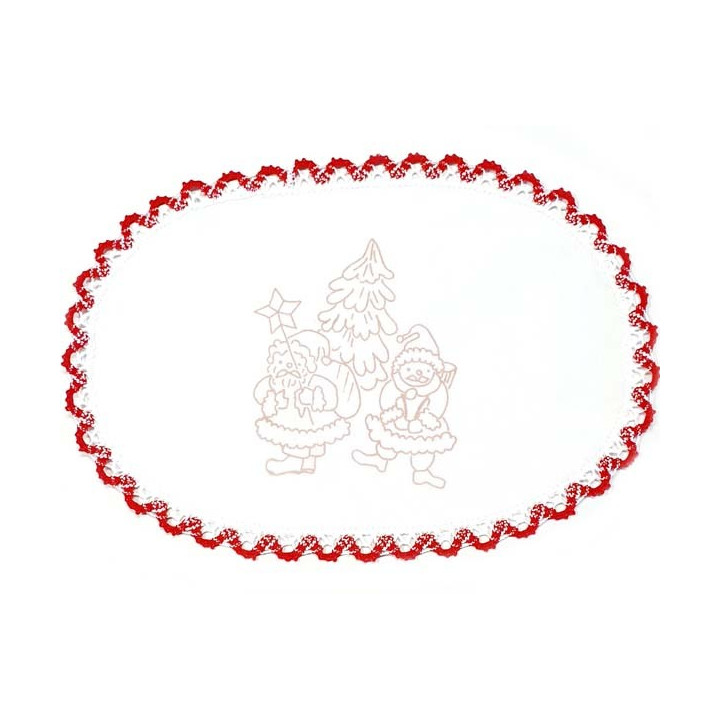 Napperon ovale pré imprimé à broder en toile de coton couleur naturelle avec finition dentelle rouge thème NOEL