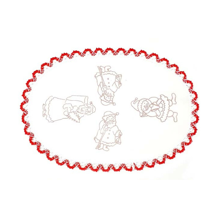 Napperon ovale pré imprimé à broder en toile de coton couleur naturelle avec finition dentelle rouge thème NOEL