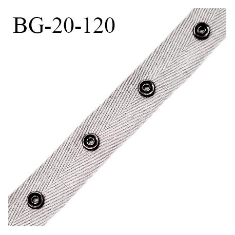 Bande pression 20 mm en coton sergé couleur gris largeur 20 mm avec pression en métal couleur chrome tous les 3 cm prix au mètre