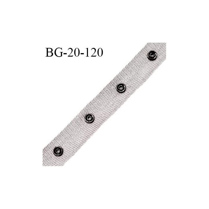 Bande pression 20 mm en coton sergé couleur gris largeur 20 mm avec pression en métal couleur chrome tous les 3 cm prix au mètre