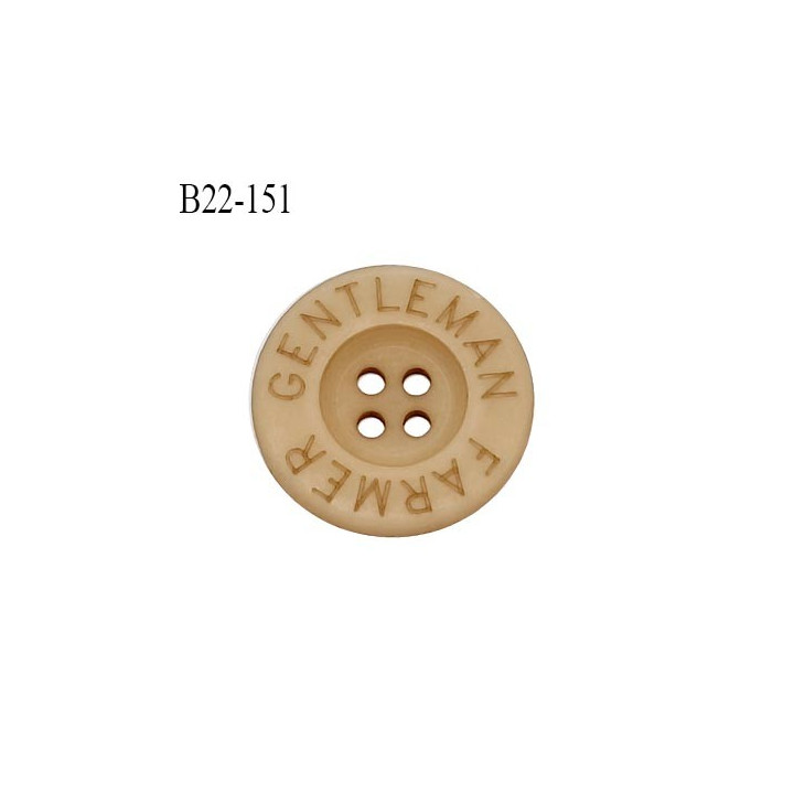 Bouton 22 mm en pvc couleur beige foncé inscription Gentleman Farmer 4 trous diamètre 22 mm épaisseur 4 mm prix à la pièce