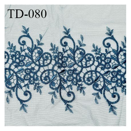 Dentelle brodée sur tulle extensible couleur bleu cyprès haut de gamme agréable au toucher largeur 35 cm prix pour 10 cm