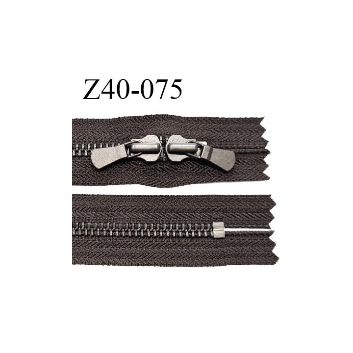 Fermeture zip YKK 40 cm haut de gamme couleur marron foncé double curseur longueur 40 cm zip métal largeur 7 mm prix à l'unité