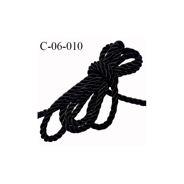 Cordon torsadé satiné 6 mm couleur noir style velours très solide diamètre 6 mm prix au mètre