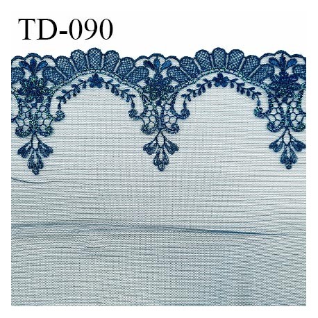 Dentelle 18 cm brodée sur tulle extensible couleur bleu irisé haut de gamme douce agréable au toucher prix pour 10 cm