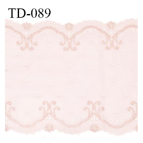 Dentelle 22 cm brodée sur tulle extensible couleur rose amour haut de gamme douce agréable au toucher prix pour 10 cm