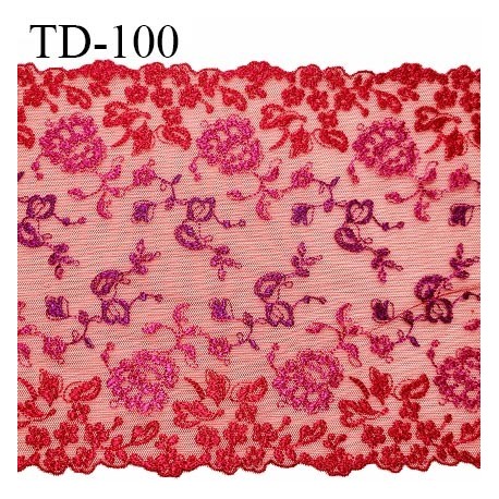 Dentelle 21 cm brodée couleur rose et violet sur tulle rouge extensible haut de gamme largeur 21 cm prix pour 10 cm