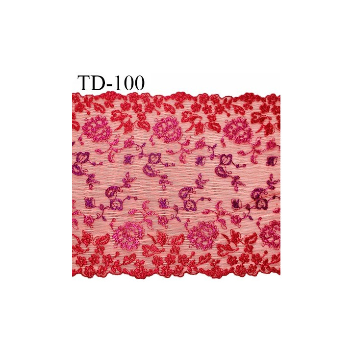 Dentelle 21 cm brodée couleur rose et violet sur tulle rouge extensible haut de gamme largeur 21 cm prix pour 10 cm