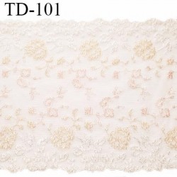 Dentelle 22 cm brodée couleur rose et écru sur tulle naturel extensible haut de gamme largeur 22 cm prix pour 10 cm