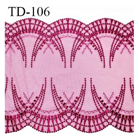 Dentelle 23 cm brodée sur tulle extensible couleur magenta haut de gamme largeur 23 cm prix pour 10 cm