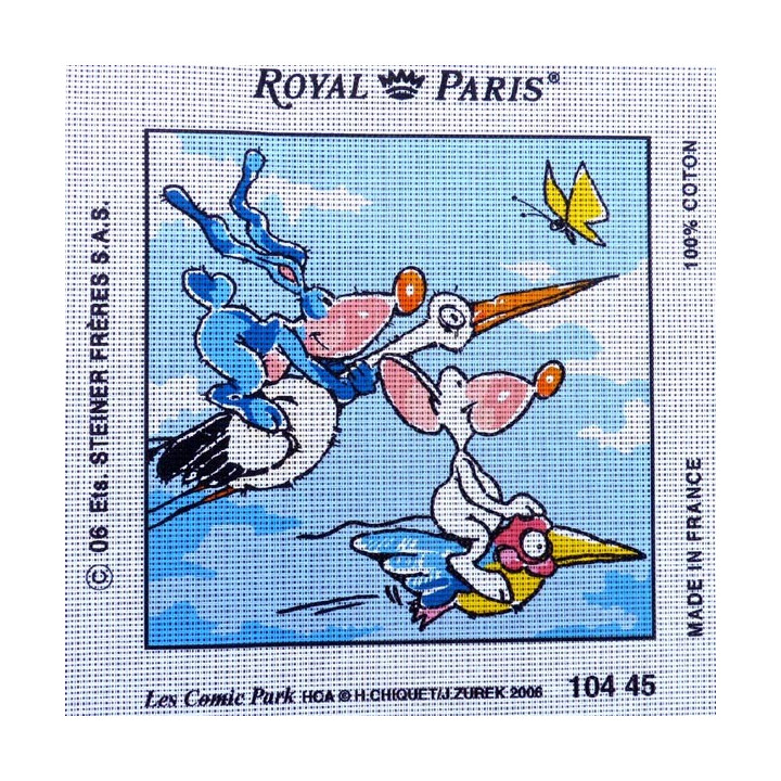 Canevas à broder 30 x 30 cm marque ROYAL PARIS thème LES COMIC PARK la cigogne