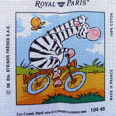 Canevas à broder 30 x 30 cm marque ROYAL PARIS thème LES COMIC PARK le zèbre